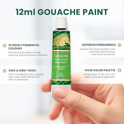 MyArtscape Gouache Paint Set - 12 x 12ml Artist Gouache Paints