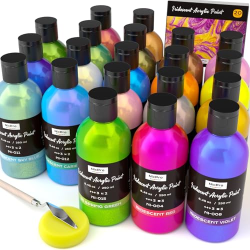 Nicpro 20 Colors Iridescent Acrylic Paint,8.45oz Large Bulk Metallic Paint | Color Shifting Craft Paint, Non-Toxic Art Painting Supplies, For Canvas Fabric Rock Wood with Paint Knife Color Wheel - color: Assorted (20 Colors), size: 8.45 Fl Oz (Pack of 20)