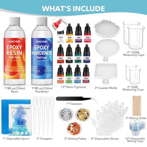 JANCHUN Epoxy Resin Kit,Coating and Coaster Molds for Resin Casting with Gold Flakes Color Pigments,Art Epoxy Resin Crystal Clear for Art,Crafts,Jewelry,DIY,Tumbler,River Table
