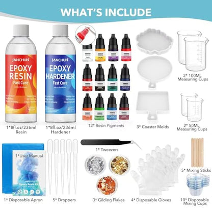 JANCHUN Epoxy Resin Kit,Coating and Coaster Molds for Resin Casting with Gold Flakes Color Pigments,Art Epoxy Resin Crystal Clear for Art,Crafts,Jewelry,DIY,Tumbler,River Table
