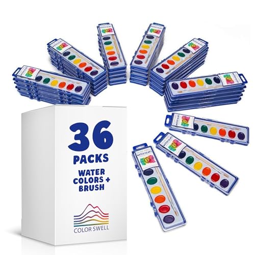 Color Swell 8 Color Bulk Watercolors with Wood Brushes, 36 Pack