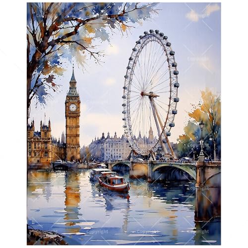 London River Scene Paint by Numbers Kit for Adults - DIY Big Ben and London Eye by Thames Painting on Canvas, Acrylic Paint Set for Beginners, Art for Home Decoration or Gifts(12X16IN Framed) - color: HSX01428, size: 12X16IN Framed