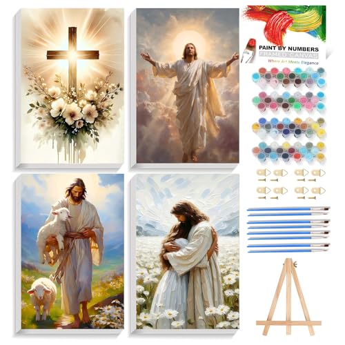 Reivworl 4 Pack Framed Paint by Numbers for Adults with Wooden Easel, Jesus Paint by Numbers Kit for Adults Beginner, Acrylic Painting by Number for Home Decor 8X12 Inch - color: 03-Jesus