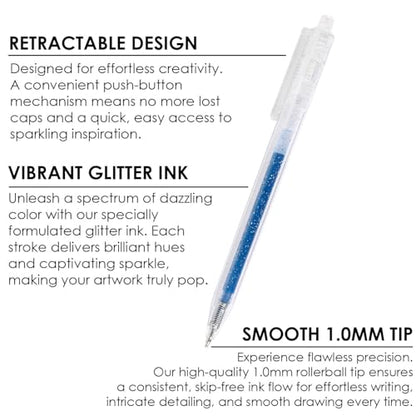 Grabie 18 Color Glitter Gel Pens, Retractable Sparkle Art Pens | Retractable Design, Smooth Gel Ink, Sparkling Finish, Acid Free Ink, Quick Drying, Coloring Books, Journaling, Drawing - color: 18 Colors Retractable Glitter Gel Ink Pens