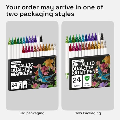 ARTISTRO 24 Metallic Dual-Tip Acrylic Paint Marker Pens for Drawing | For Fabric, Rock, Glass, Wood, & Molds, Arts & Crafts Gift for Adults, Teens, & Kids, Classroom Must Haves & School Supplies