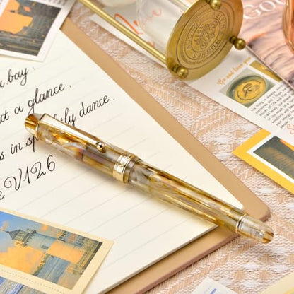 Asvine V126 Vacuum Filling Fountain Pen Brown Swirl Transparent Acrylic, Medium Nib Large-Capacity with Gift Case - color: Brown Swirl, style: Medium Nib