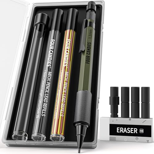 Four Candies 1.3mm Mechanical Pencil Set with 24 Lead Refills, Metal Weatherproof Heavy Duty Outdoor Carpenter Pencil, Eraser, 6 Eraser Refills for Architect Drafting Woodworking Marking with Case - size: 1-Pack, style: Olive Green