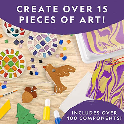 National Geographic Mega Arts and Crafts Activity Kit for Kids Ages 8-12 | Mosaic Art, Marbling Paint and Air-Dry Clay, 3 Craft Kits, 19 Art Projects, 100+ Components, Creative Birthday Gift - style: Clay, Mosaic & Paint Marbling Kits