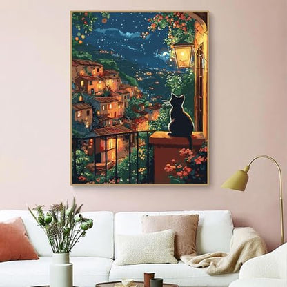 Landscape Paint by Numbers Kit for Adults Beginner,City Scape Cat,16x20" | Full set with wooden brushes,rolled canvas,rich paints.Calming activity.Beginner friendly.Just open and paint. - color: 16"X20"Rolled Canvas(Frameless)-Cat 7