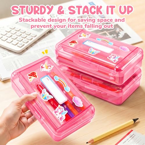 GAMENOTE Plastic Pencil Box with Personalized Sticker,Kid Hard Pencil Case with Snap-tight Lid,Small Art Craft Storage Containers,School Supplies Box for Boys,Girls (Double-Layer Pink) - color: Double-Layer Pink