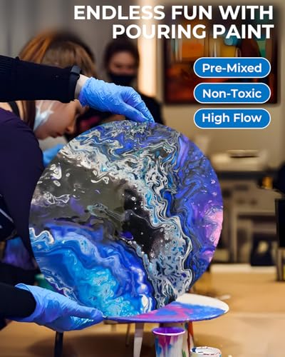 Nicpro 8 Colors Large Bulk Acrylic Pour Paint Set (33.8 oz, 1000 ml) Premixed High Flow Art Pouring Paint Supplies Kit with Silicone Pour Oil, Gloves for Beginner Cell Creation Flow DIY, Ready to Pour | High Flow Art Pouring Paint Supplies Kit with Silico