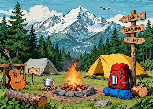 8x6FT Camping Backdrop Pine Tree Camping Equipment Bonfire Directional Sign Background for Outdoor Adventure Travel Holiday Themed Party Decoration Photo Shoot Props Vinyl - size: 8x6FT