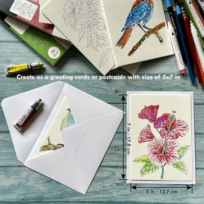 tumuarta Watercolor Coloring Book, 20 Unique Floral Designs, 5x7”, 100% Cotton, 300GSM, 140 LB, 20 Sheets, Cold Press, Acid Free Watercolor Paper Sketchbook, Glue Bound Mixed Media Pad (Flowers)