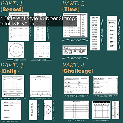 Rancco 18 Pcs Journal Stamps w/Ink Pad, 4 Set Bujo Stamp Calendar Planner Stencil for Journal DIY, to Do List, Tasks, Month Week Dates Organizer, Scrapbooking Craft, Enhance and Simplify Your Planner