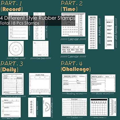 Rancco 18 Pcs Journal Stamps w/Ink Pad, 4 Set Bujo Stamp Calendar Planner Stencil for Journal DIY, to Do List, Tasks, Month Week Dates Organizer, Scrapbooking Craft, Enhance and Simplify Your Planner