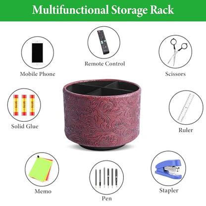 Round Leather Art Supply Organizer,Remote Control Holder,360 Degree Spinning,Multi-Functional Pencil Holder,4 Compartments Desktop Stationary Organizer(1-Carved Red) - color: 1-Carved Red