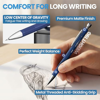 WUO 0.7 mm Mechanical Pencils with Eraser Pen Storage Case, 4 PCS | Metal Drafting Pencil Set, 480 HB Lead Refills, 3x4B Erasers, 11 Eraser Refills for Artist Writing Drawing Sketching - color: Multicolor2 - 0.7mm (4 Pack)
