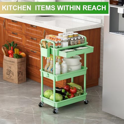 Goovilla 3 Tier Rolling Utility Cart Organizer with Removable Drawer, Green | Stable and Sturdy Rolling Storage Carts with 2 Lockable Wheels for Bathroom, Kitchen, Snack, Craft, Makeup, Baby Essentials - size: 3 Tier, style: Green