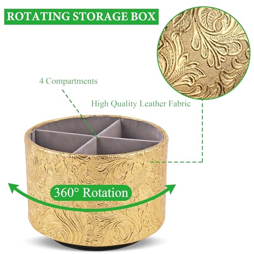 Round Leather Art Supply Organizer,Remote Control Holder,360 Degree Spinning,Multi-Functional Pencil Holder,4 Compartments Desktop Stationary Organizer(1-Carved Gold) - color: 1-Carved Gold
