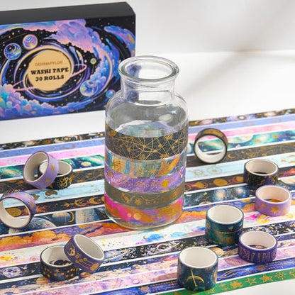 Gold Foil Washi Tape Set 30 Rolls,Decorative Masking Tape for Junk Journal, Scrapbooking Supplies, DIY Crafting Supplies - style: Galaxy