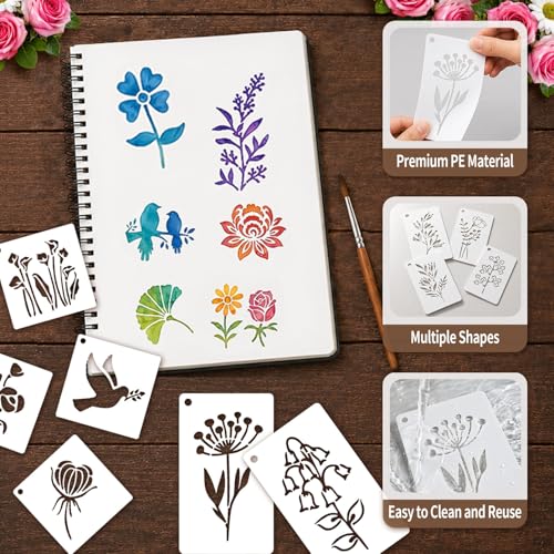 120Pcs Flower Stencils for Painting Reusable 3x6in with Ring Pouch | 2 Sizes Large Small, Wildflower Dragonfly Botanical Butterfly Stencils for DIY, Crafts, Wall, Fabric Art, Wood Signs