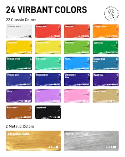 JusArt 24 Colors Acrylic Paint Set, Including Gold and Silver, 8.45oz(250ml) Large Bottles Adult Artist Paints for Canvas, Crafts, Mural, Rocks, Clay, Fabric, Wood - color: New 24 Colors (8.45oz)