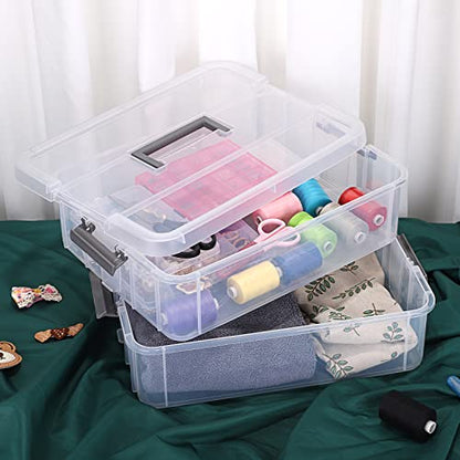 JUXYES 2-Tiers Plastic Stack Carry Storage Containers Box wih Handle Lids - color: Dark Gray
