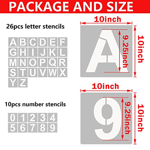 YEAJON 10 Inch Letter Stencils and Numbers, 36 Pcs Alphabet Art Craft Stencils, Reusable Plastic Templates for Wood, Wall, Fabric, Rock, Signage, DIY Art Projects (10 Inch) - size: 10 Inch