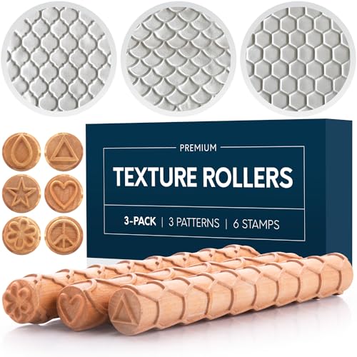 Byllstore Extra Large Clay Texture Rollers with Pottery Stamps | 3 Texture Rollers | 6 Clay Stamps | 3-Pack (9" x 1.2", 3 Pack) - color: 3 Pack | 9" x 1.2" | Fish Scale, Moroccan & Honeycomb
