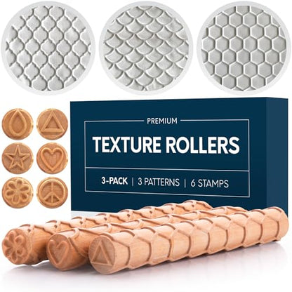 Byllstore Extra Large Clay Texture Rollers with Pottery Stamps | 3 Texture Rollers | 6 Clay Stamps | 3-Pack (9" x 1.2", 3 Pack) - color: 3 Pack | 9" x 1.2" | Fish Scale, Moroccan & Honeycomb