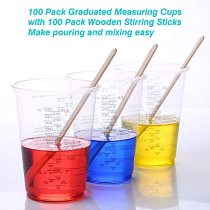 XUXU 50pcs 8oz Graduated Clear Plastic Measuring Cups with Wooden Stirring Sticks for Mixing Paint, Pigments, Epoxy Resins, Resins