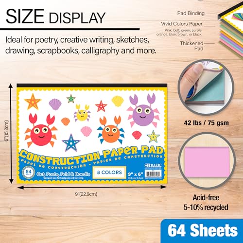 BAZIC Products Color Mini Construction Paper Pad, 6 x 9 in, 64 Ct, 48-Case - size: 48-Pack
