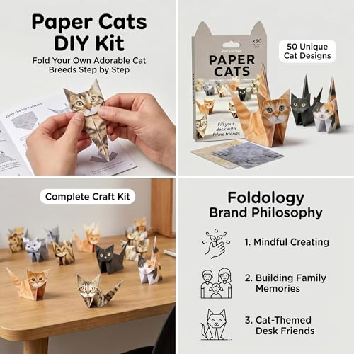 3D Origami Cat Kit, 50 Paper Cats, DIY Craft Kit for Adults & Teens