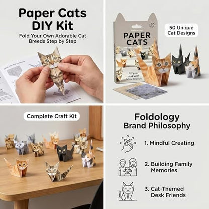3D Origami Cat Kit, 50 Paper Cats, DIY Craft Kit for Adults & Teens
