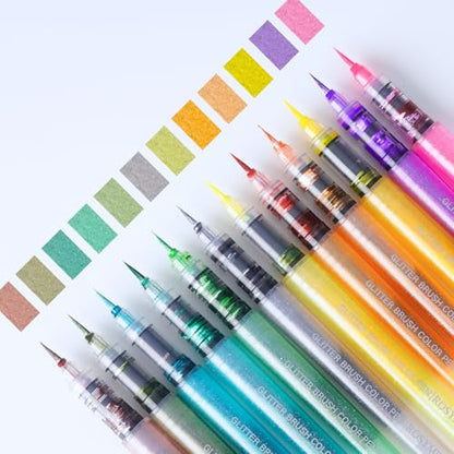 ROSYMENG 12 Colors Glitter Paint Pens, Extra Fine 0.05mm Metallic Brush Pen | Water‑Based, Smooth Ink Flow, Great for Adults DIY Crafts, Greeting Cards, Journaling, Drawing, Scrapbooks -Style B - color: 12 Colors (Style B)