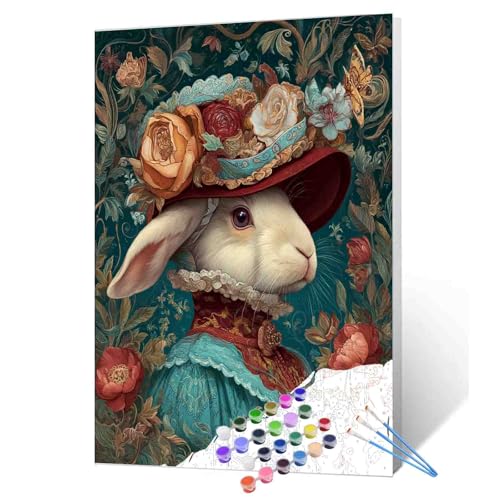 Aihonmin Victorian Rabbit Paint by Numbers for Adults Beginner Animals Bunny Oil Painting Kits on Canvas with Brushes and Acrylic Painting Vintage Crafts DIY Home Wall Decor 16X20 Inch (Frameless) - color: Hat Animal-14, size: 16''x20''(Frameless)