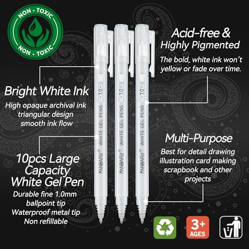 PANDAFLY White Gel Pens, 10-Pack, 1mm Fine Point Opaque Gel Ink Pens ﻿ | White Archival Ink Pens for Highlights, Black Paper Drawing, Sketching, Illustration, Card Making, Bullet Journaling - color: White
