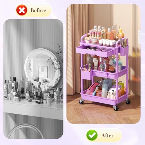 SUNALLY Makeup Cart Organizer with Drawer,3 Tier Rolling Makeup Cart,Purple - color: Purple, size: 3 Tier