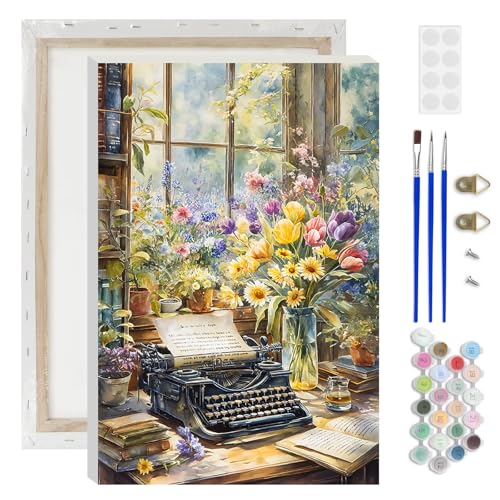 Lxmsja Typewriter Flowers Paint by Numbers Kit for Adults, Window Landscape Acrylic Paint by Numbers for Adults Beginner, DIY Craft Supplies Oil Painting Kits for Home Wall Decor 8x12 inch (Framed) - color: yellow#089