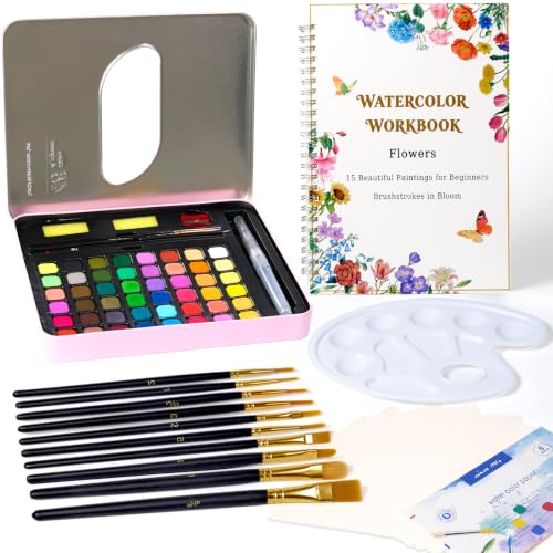 Watercolor Paint Set for Adult Beginner with Flower Watercolor Workbook | 48 Colors Water color Painting Set, Coloring Book, White Palette, Brushes & Pen, Art Supplies for Adults Amateurs - color: c-48clolor-flower