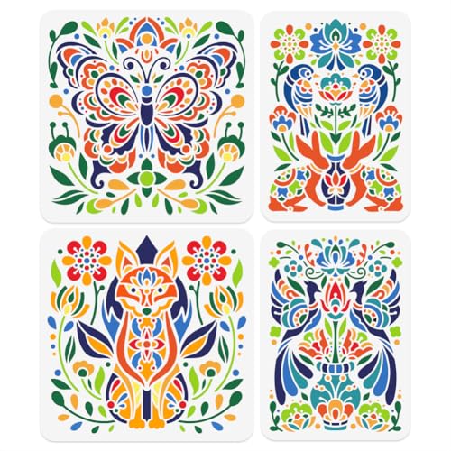 4Pcs Folk Flower Stencils, Floral Reusable Painting Templates - style: Folk Art Flowers