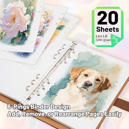 Professional Watercolor Sketchbook with 6-Ring Binder, 20 Sheets 300GSM/140lb 100% Cotton Acid-Free Cold Press Paper, 9.25" x 6.3" Textured Art Journal for Artists, Students & Adults (Pink) - color: Pink