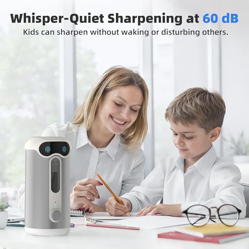 VUSIGN Automatic Pencil Sharpener, Quiet 60dB Robot Pencil Sharpener with DIY Face Stickers, Rechargeable, Auto Stop for 6.9–10.8mm No.2/Colored Pencils, Kids Classroom/Home Use (Silver)
