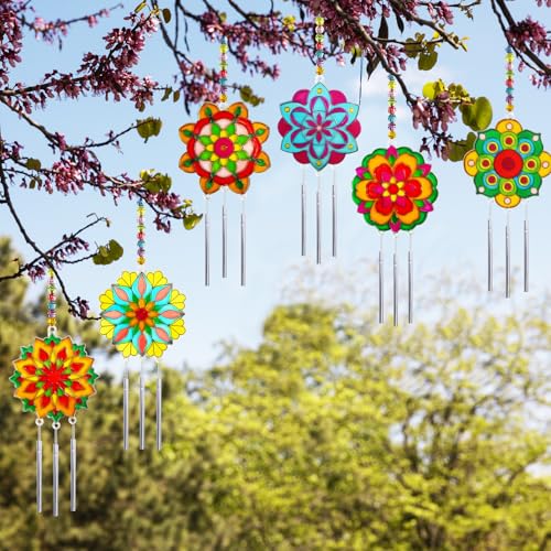 30 Set Mandala Suncatcher Wind Chime Craft Kits, Flower DIY Window Art | Mandala Flower Craft Art Kit decor for Spring Summer seasonal events, home gatherings, celebrations, art projects - style: Mandala Wind Chimes