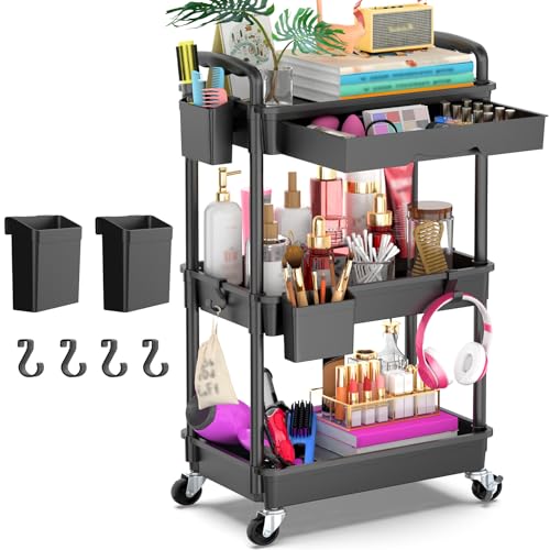 Goovilla 3 Tier Rolling Utility Cart Organizer with Removable Drawer, Black - size: 3 Tier, style: Black