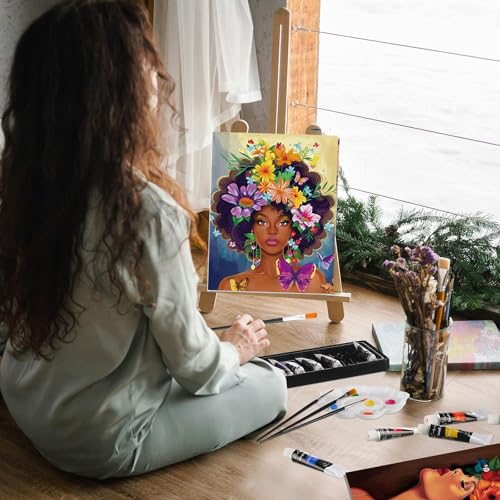 Cholemy 36 Pcs Paint and Sip Kit Gift for Adults 8''x10'',Flower Lady | Pre Drawn Canvas, Painting DIY Afro Acrylic Painting Kit, Wood Easel Brushes, Date Night Bulk, Summer Halloween Party - style: Flower Lady