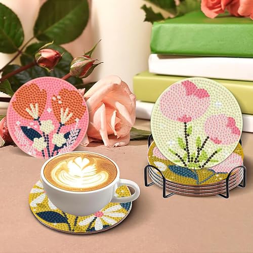 gganmtere 8p - Flowers Diamond Art Coasters,Flower Diamond Painting Coasters,5D DIY Full Drill Coaster with Holder Present - color: Jxbd104