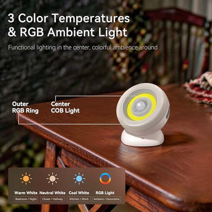 Hopedone 360° Magnetic Motion Sensor Wall Light, Detachable, 1 Pack | 3 color temperatures plus RGB, 5-level remote dimming, closets, halls, constant-on option, USB-C charge