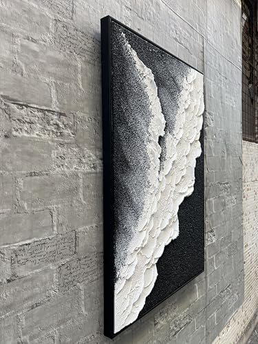 NANKAI Hand-Painted Thick Texture Black and White Abstract Canvas Art Ocean Wave Beach Landscape Oil Painting Home Wall Art Deco Oil Painting 24X36 Inches (with Solid Wood Exterior Frame) - color: Nkhb282