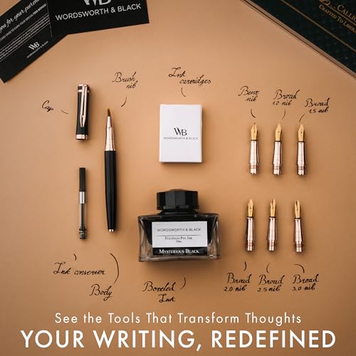Wordsworth & Black Luxury Calligraphy Pen Set, 6 Nibs, Black Rose | Fountain Ink Bottle, Cartridges & Refill Converter, Refillable, Black, High End Gift for Men & Women, Journaling & Lettering - color: Black Rose Gold